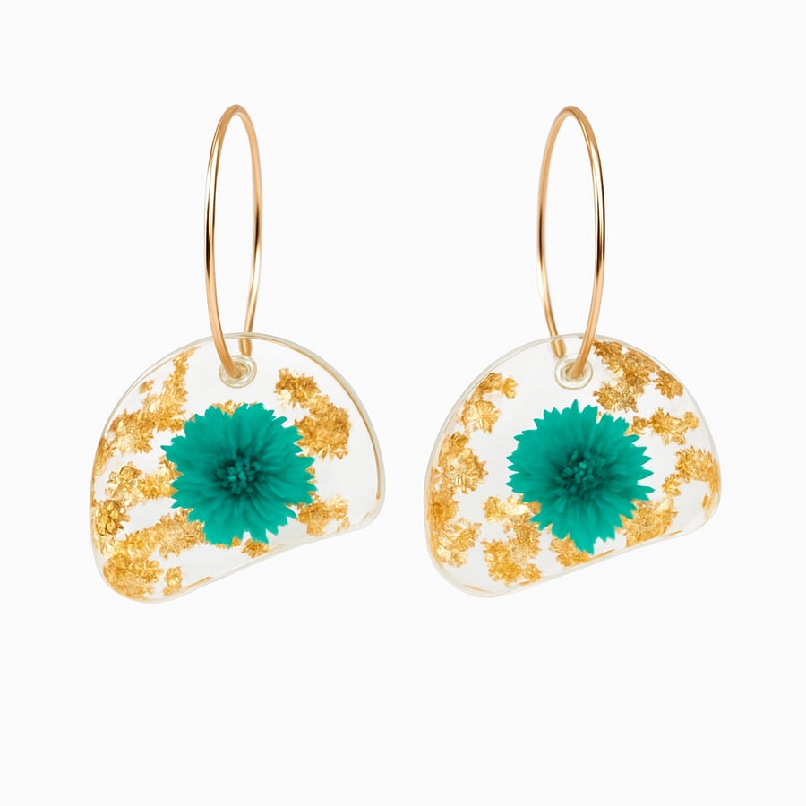 Green Flower Resin Dangle Earrings with Gold Leaf -Asymmetrical Hoops