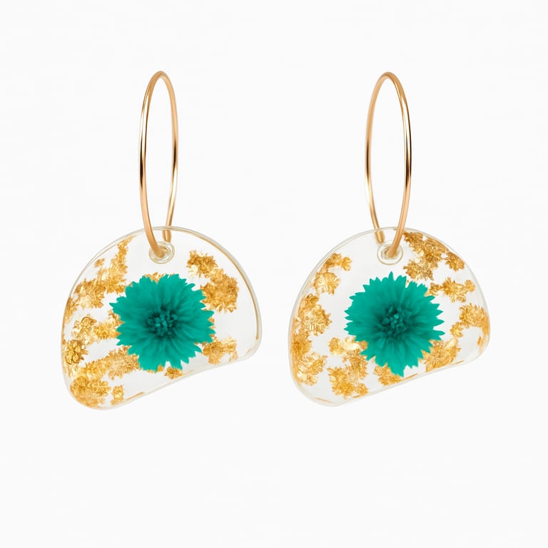 Green Flower Resin Dangle Earrings with Gold Leaf -Asymmetrical Hoops