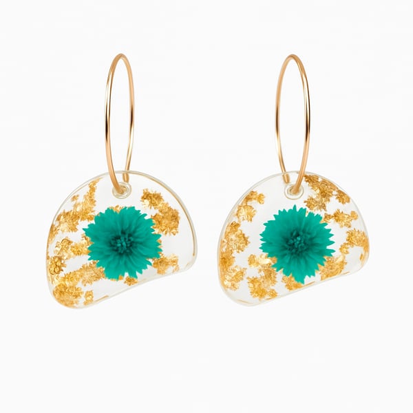 Green Flower Resin Dangle Earrings with Gold Leaf -Asymmetrical Hoops
