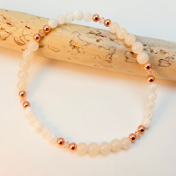 Mother Of Pearl, Peach Mashan Jade, Swarovski Crystal And Copper Bracelet.