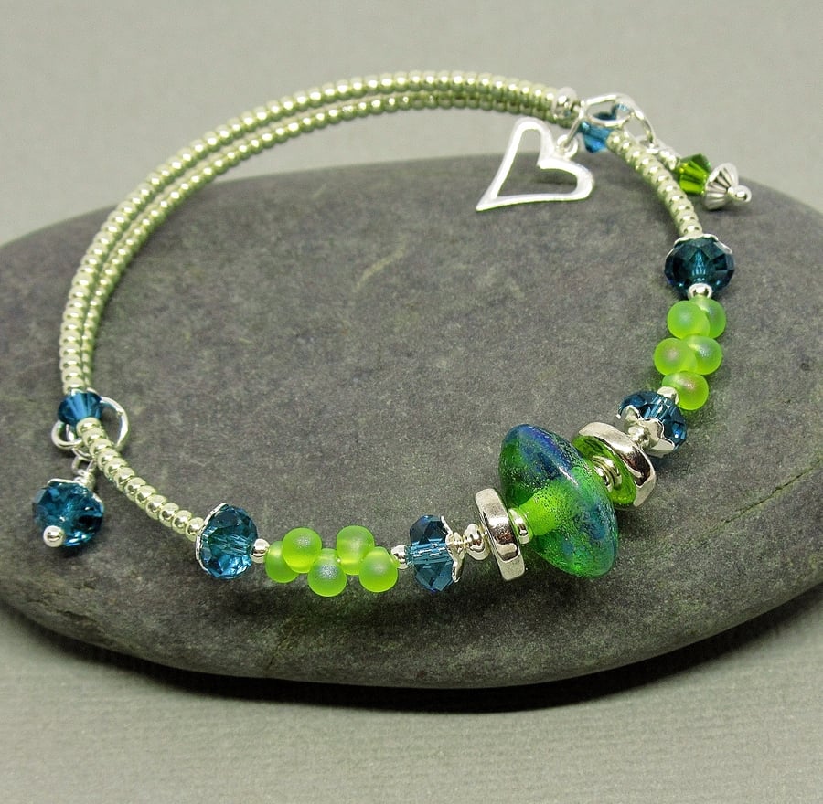 Turquoise and Lime Green  Lampwork Glass Bead Silver Memory Wire Bracelet