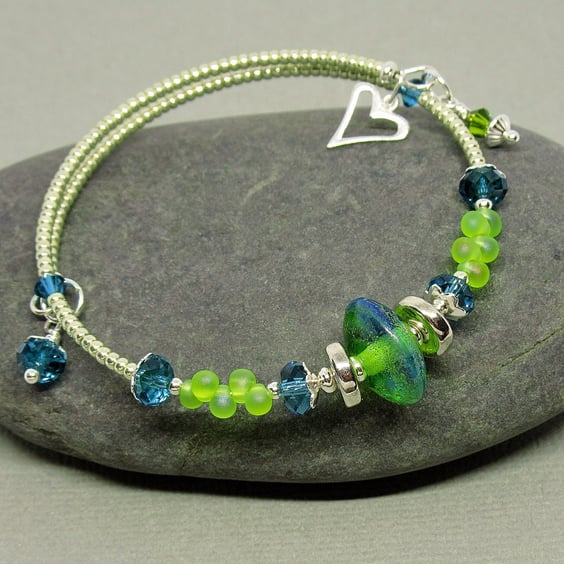 Turquoise and Lime Green  Lampwork Glass Bead Silver Memory Wire Bracelet