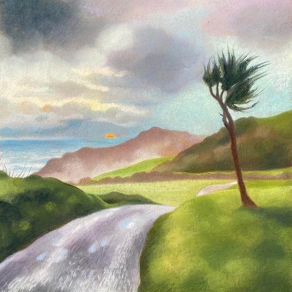 Devon Landscape Art - beautiful landscape, sea view, sunset, healing path