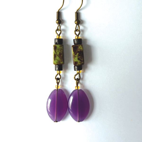 Purple Oval, Black and Green Dangle Drop Earrings