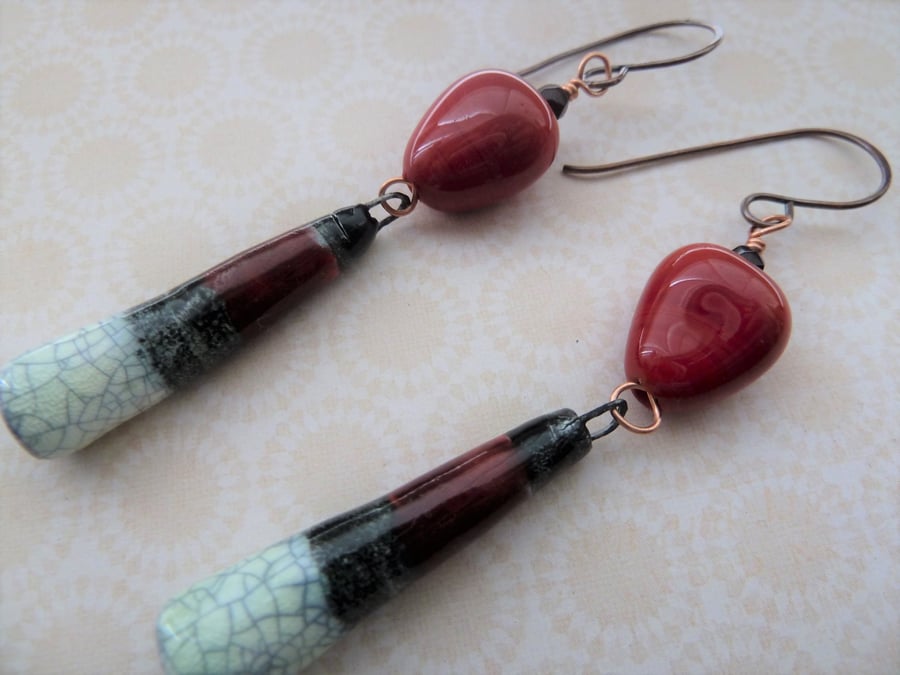 handmade copper, lampwork and ceramic baton earrings
