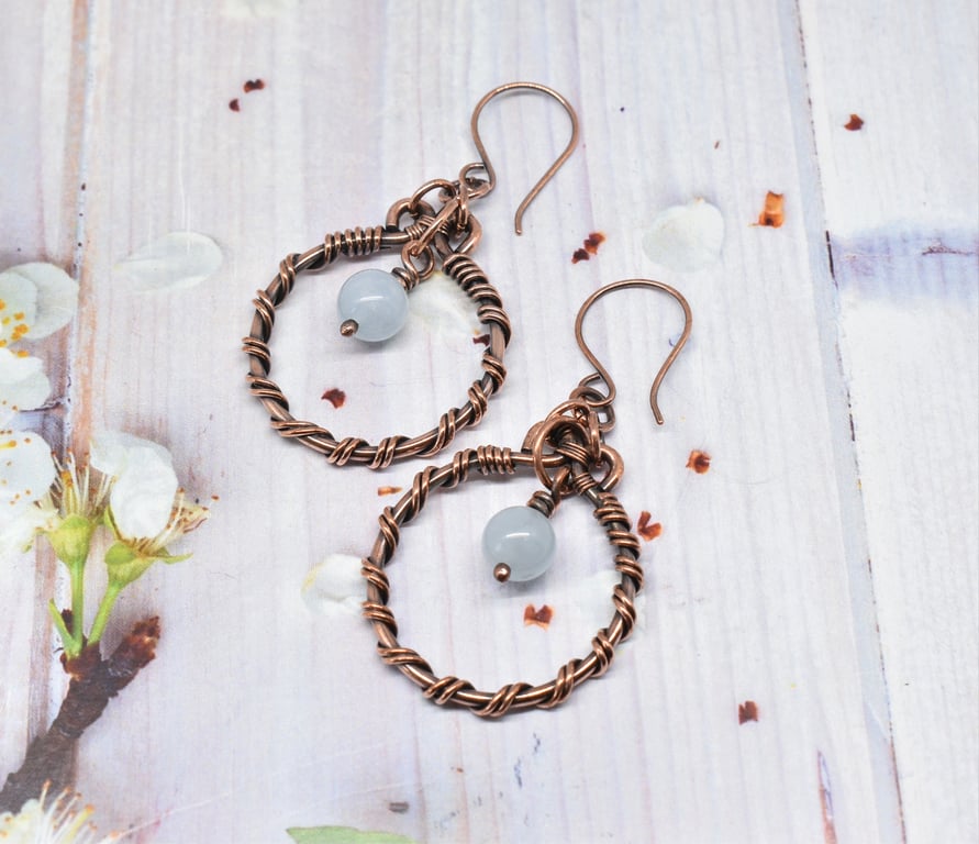 Wire Wrapped Aquamarine and Copper Hoop Earrings