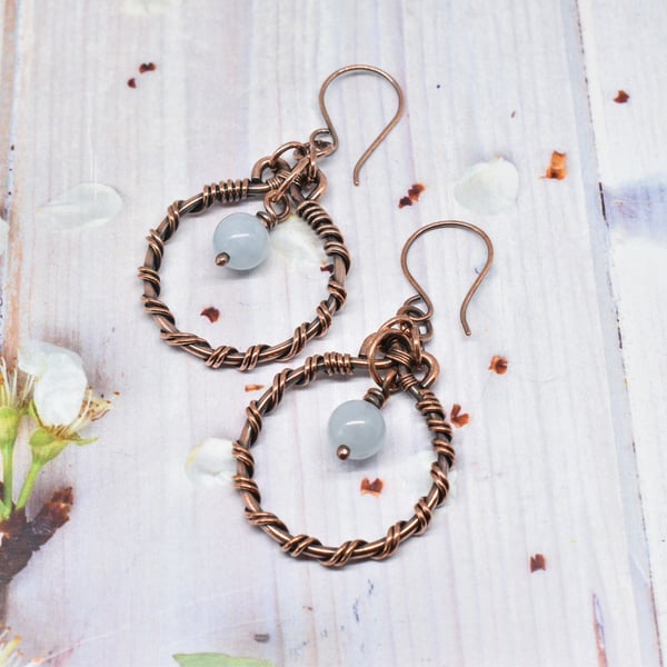 Wire Wrapped Aquamarine and Copper Hoop Earrings