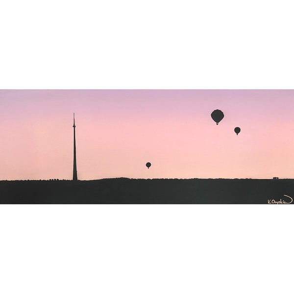 Hot Air Balloons Over Emley Moor Tower, Original Yorkshire Landmark Painting
