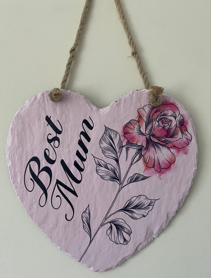 Best Mum Hanging Slate Heart