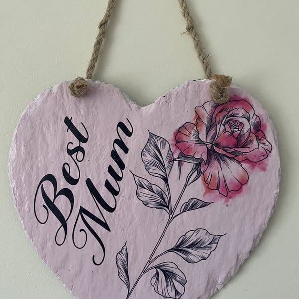 Best Mum Hanging Slate Heart