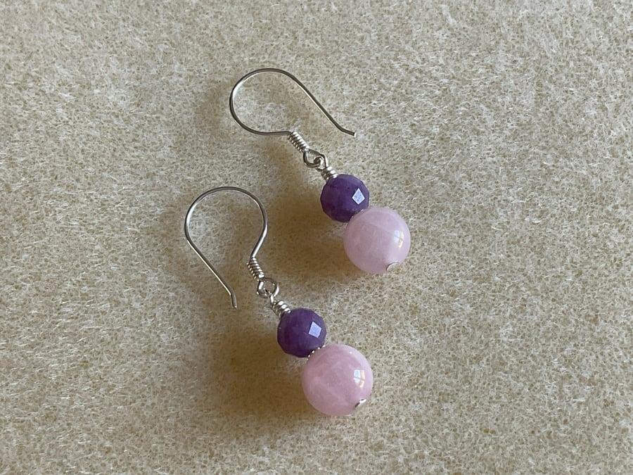 Rose Quartz and Sugilite Sterling silver dainty gemstone earrings