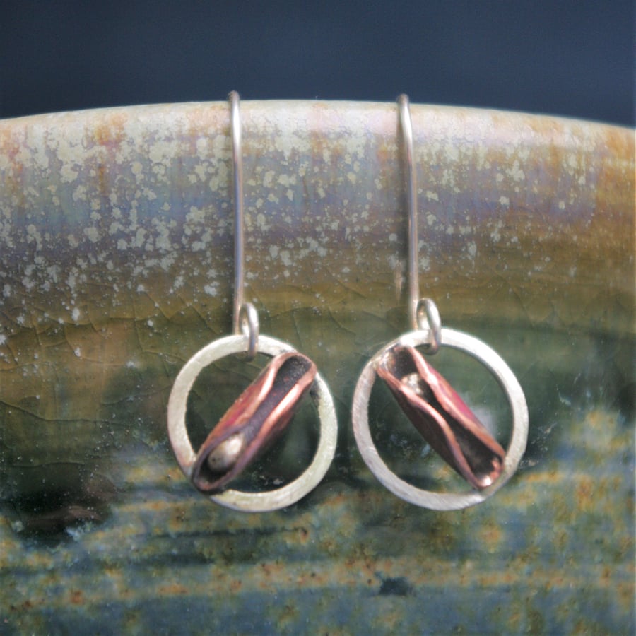 Copper Seed Pod in Silver Circle Dangle Earring