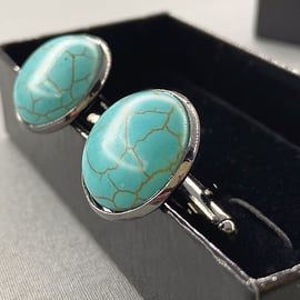 Men’s Turquoise Coloured Howlite Bezel Set Gunmetal Cufflinks Gift Boxed