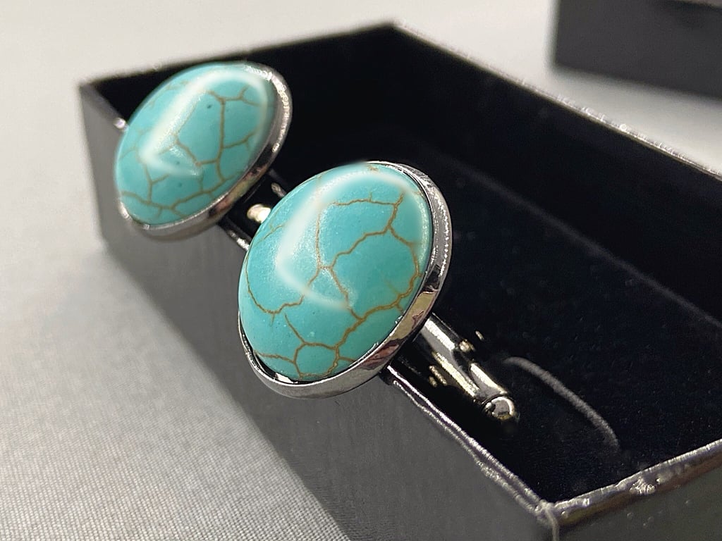 Men’s Turquoise Coloured Howlite Bezel Set Gunmetal Cufflinks Gift Boxed