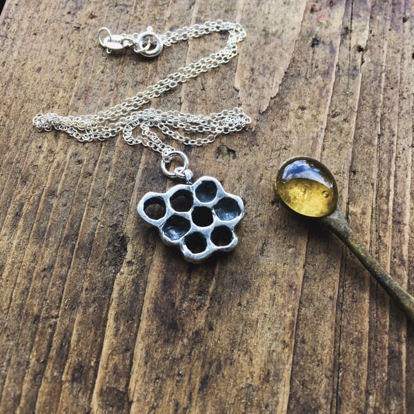 Sterling silver honeycomb necklace, honey bee necklace 