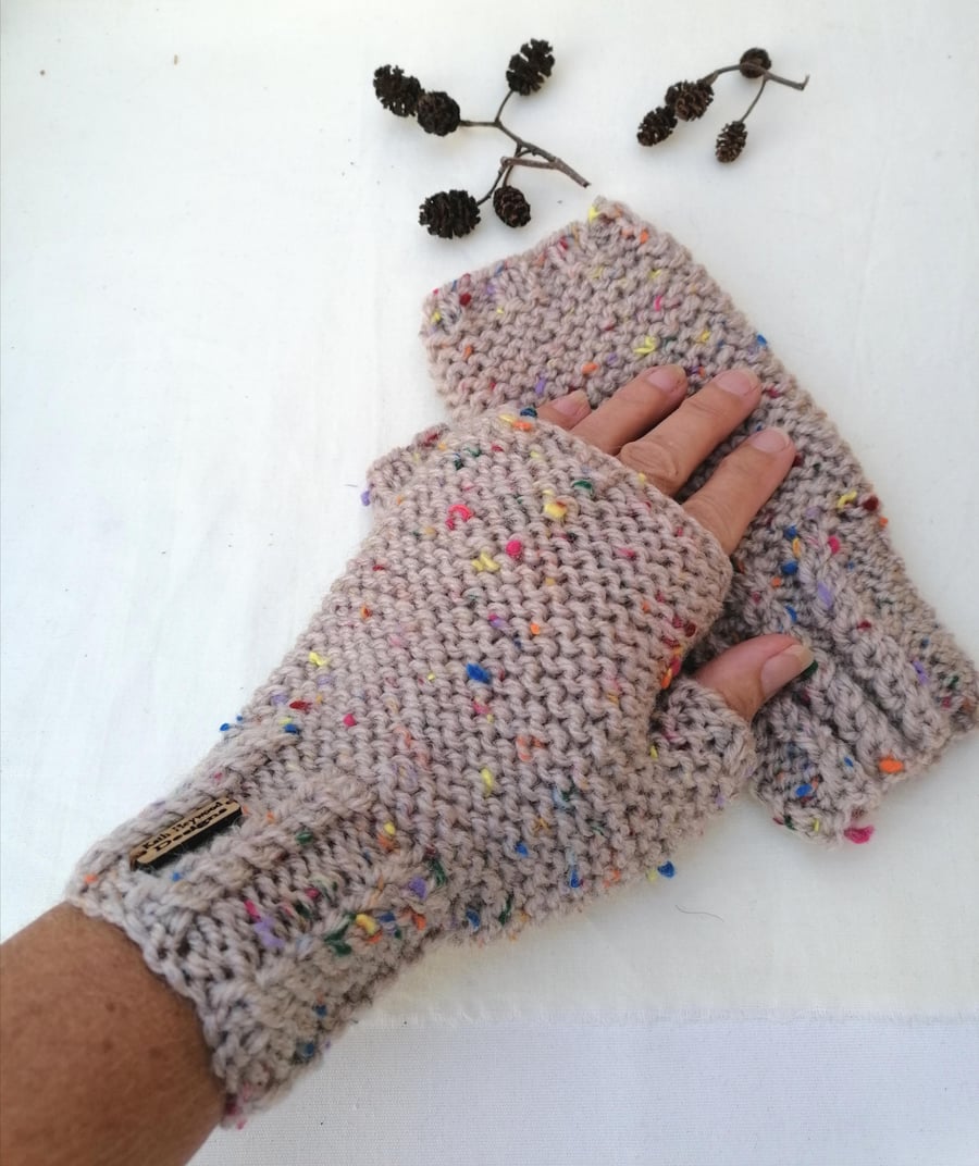 Fingerless Gloves in Wheat Aran with Rainbow Flecks