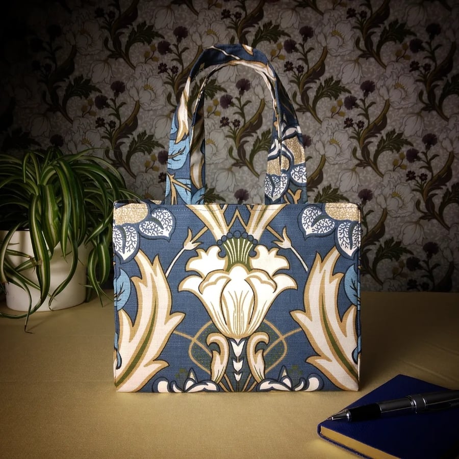 Mini Fabric Tote Bag - Lily White and Blue