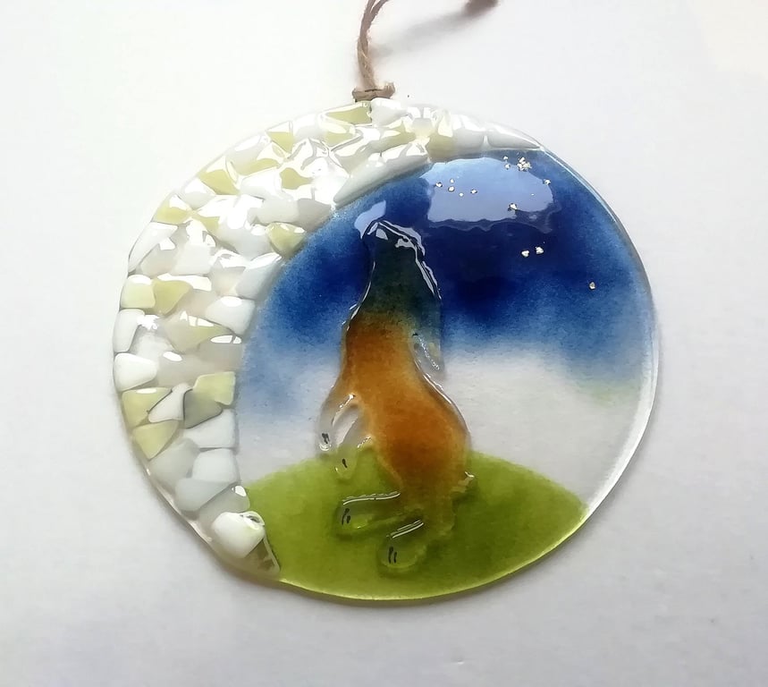 Fused Glass Moongazing Hare Wall Art: Folk Art Crescent Moon Hanger