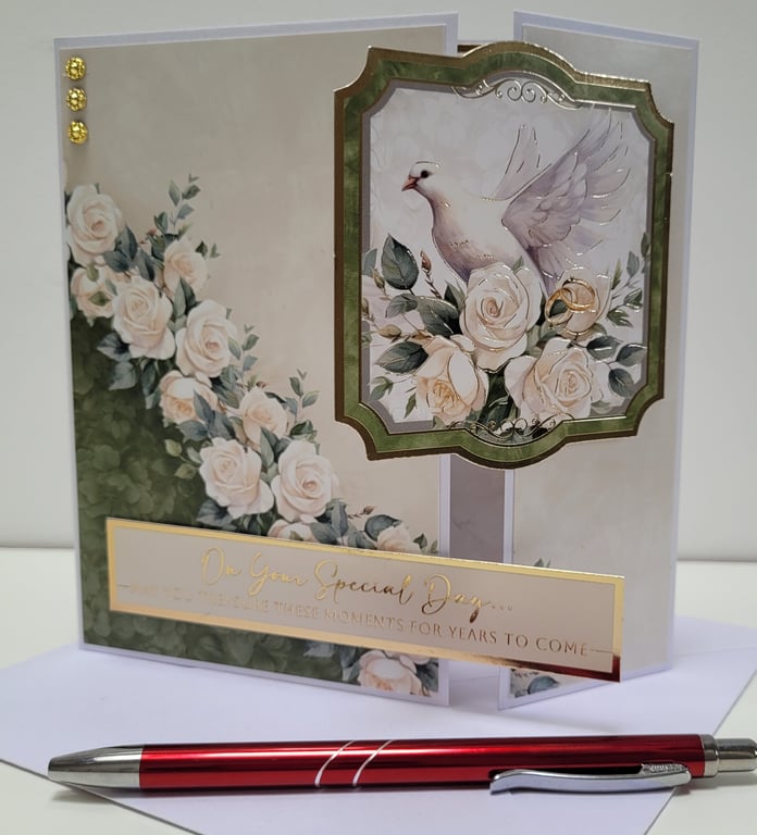 Luxury Gate-Fold Wedding Card - White Dove and Wedding Bands