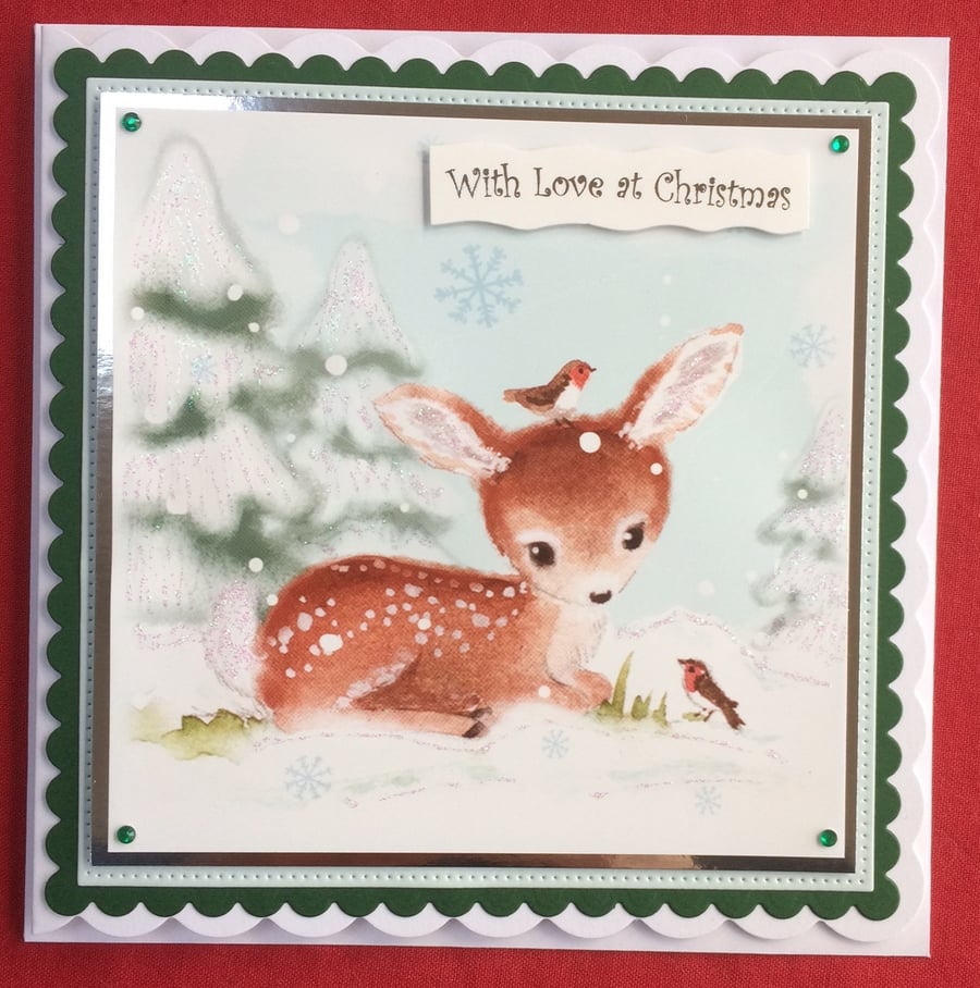 3D Luxury Handmade Card Christmas Cute Deer and Robins by Poppy Kay Designs