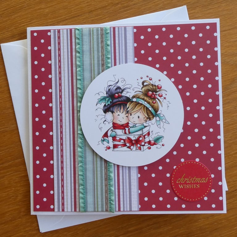 Christmas Card - Little Girls with Parcel - Christmas Wishes