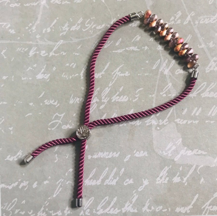 Pink Cord Bracelet With Czech Glass Beaded Bar
