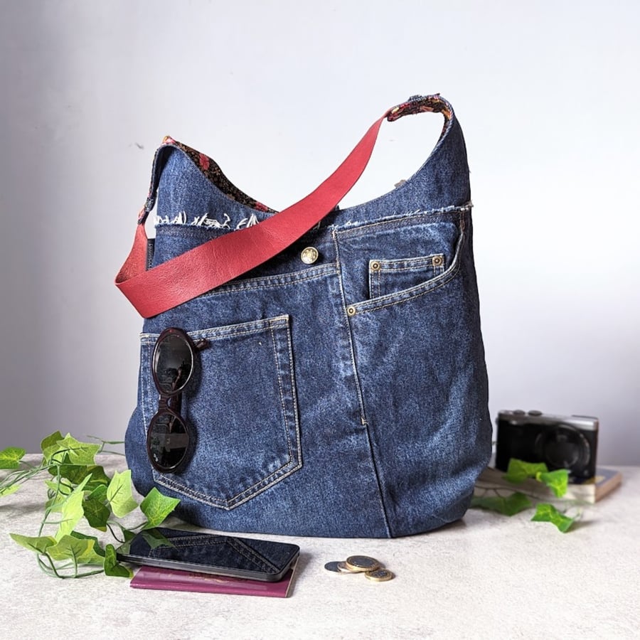 Denim Bag - Large Shoulder Tote Bag with Leather Strap and Ditsy Lining
