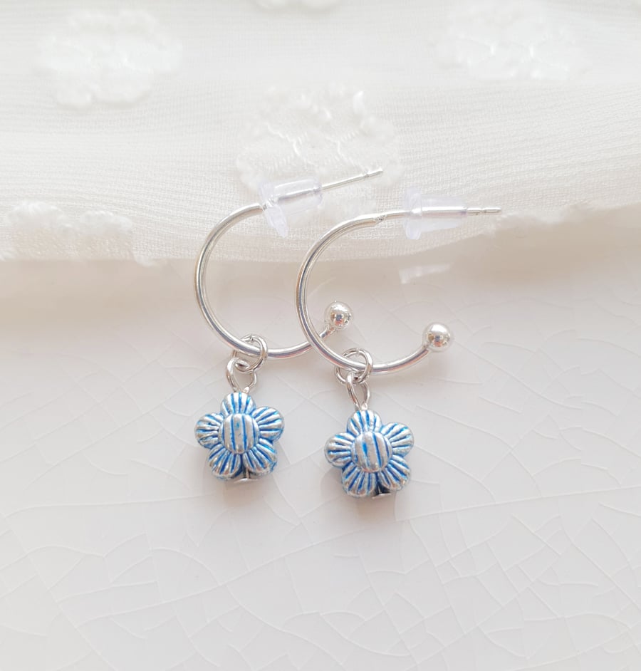 Blue Stripey Daisy Half Hoop Earrings 