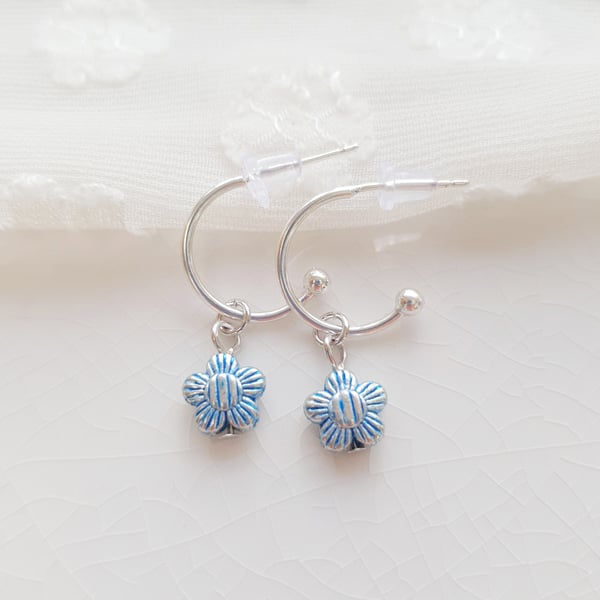 Blue Stripey Daisy Half Hoop Earrings 