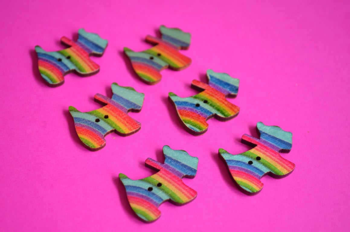 Wooden Scottie Dog Buttons Rainbow Stripe 6pk 28x20mm Scotty Puppy (DG8)
