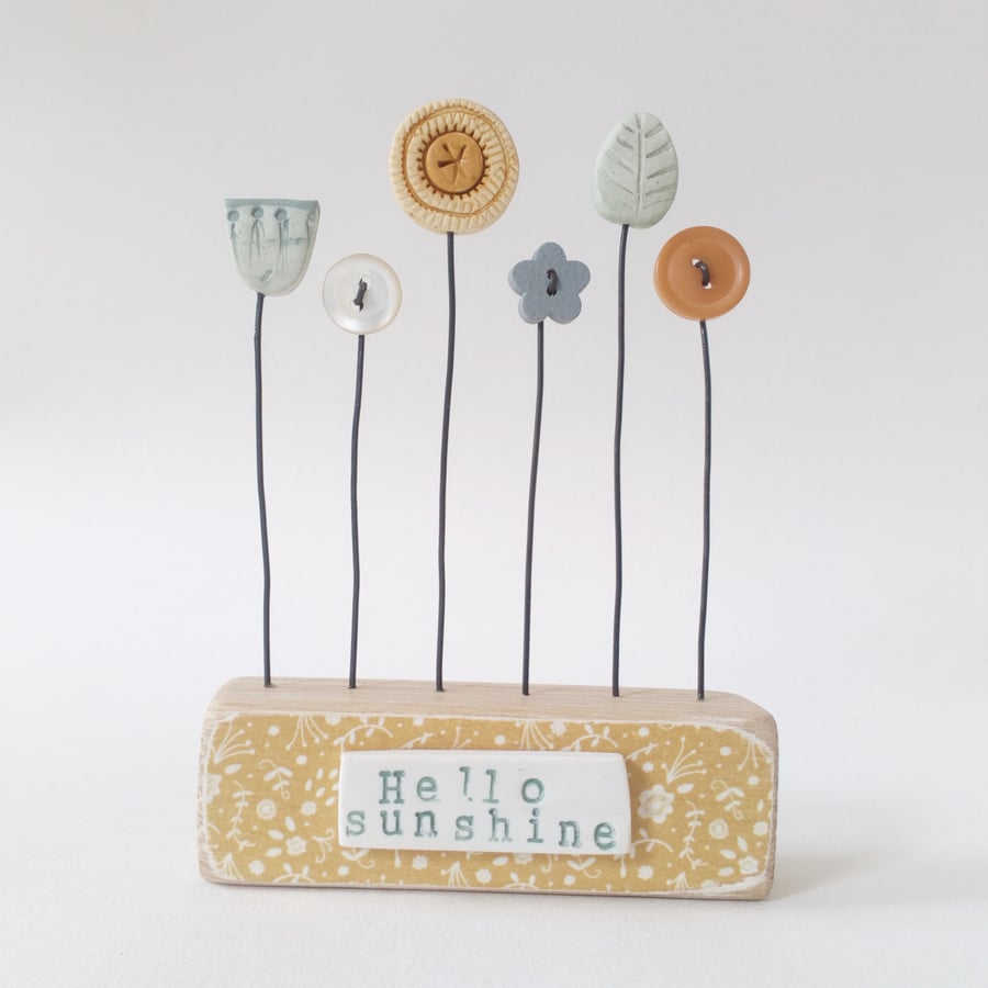 Clay and Button Flower Garden in a Wood Block 'Hello Sunshine' 