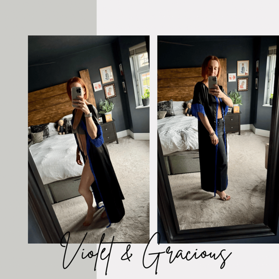 Black Cover Up with Blue Fringing . Kimono . Kaftan . size s