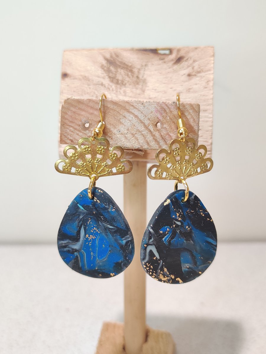 Scrap blue gold pebble dangle earrings