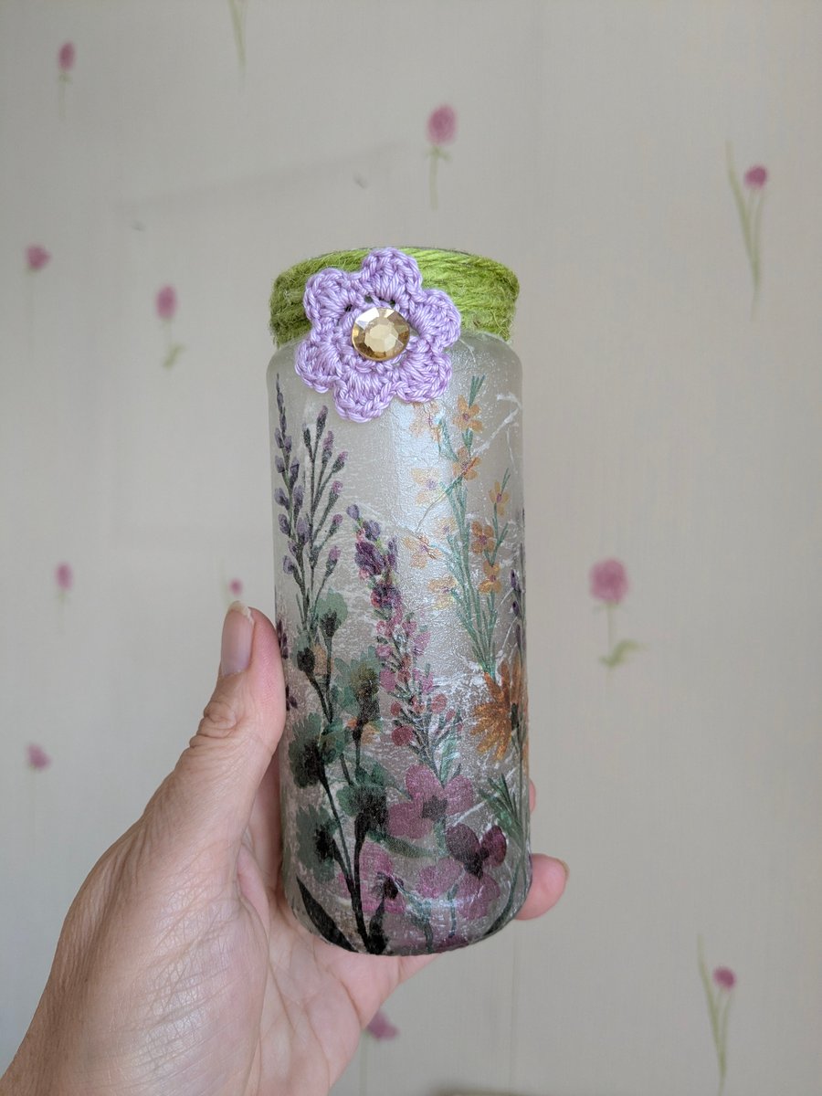 Garden flower decoupaged candle holder, vase, container, decoration