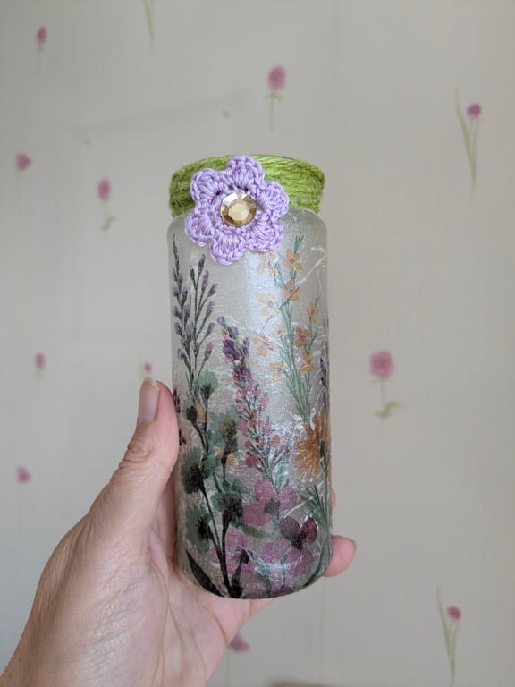 Garden flower decoupaged candle holder, vase, container, decoration