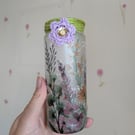 Garden flower decoupaged candle holder, vase, container, decoration
