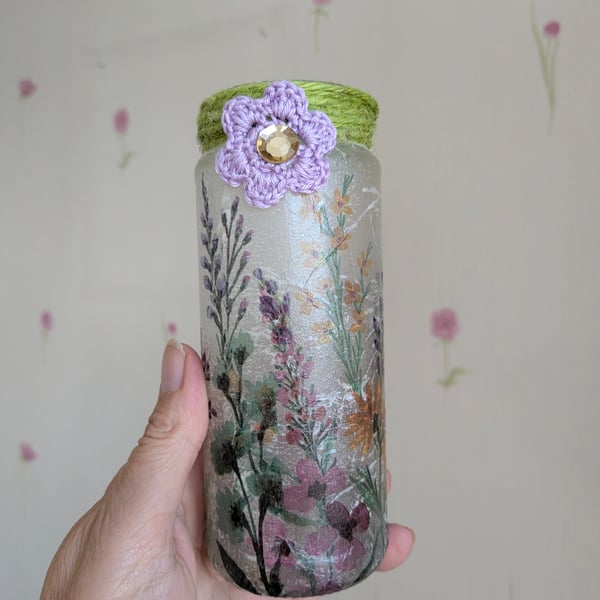 Garden flower decoupaged candle holder, vase, container, decoration