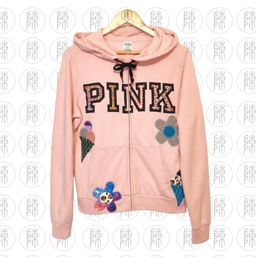 Victoria Secret Pink Daisy Ice Cream Patch Embroidered Rework Upcycle Zip Hoodie