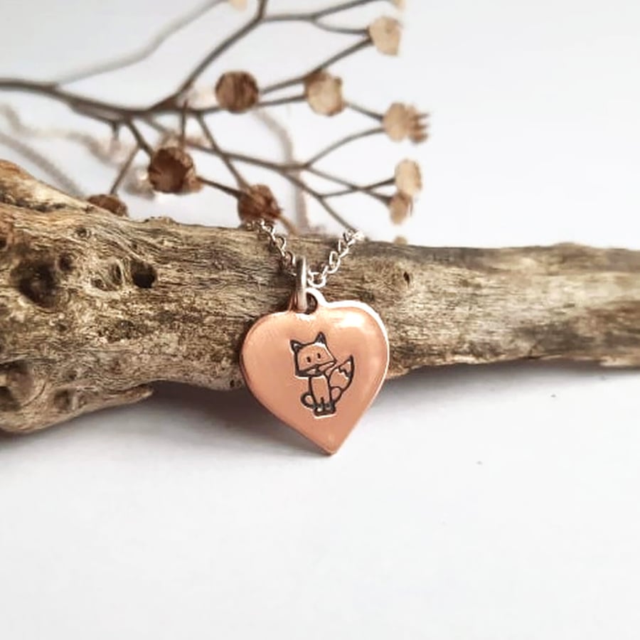 Cute Little Fox Necklace - Hand Stamped Copper Heart on Sterling Silver Chain