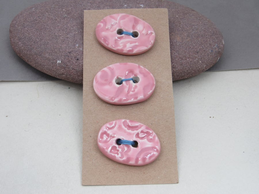 3 Medium Oval Shell Pink Brocade Pattern Ceramic Buttons
