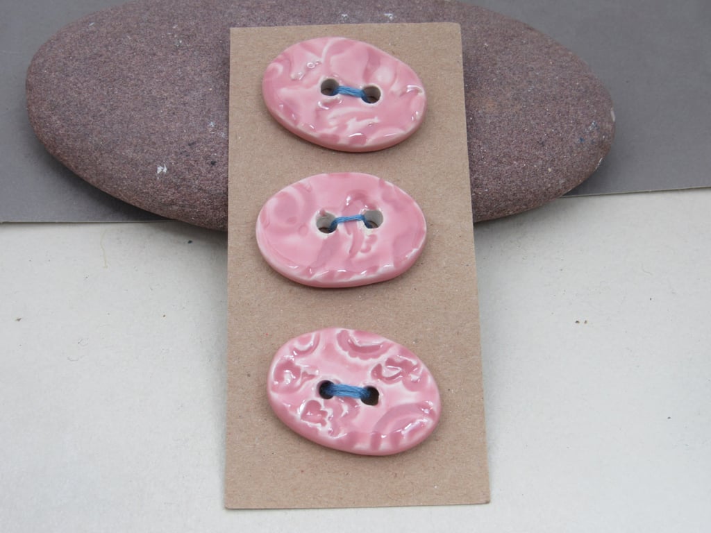 3 Medium Oval Shell Pink Brocade Pattern Ceramic Buttons