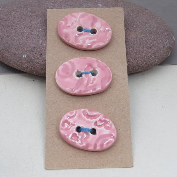 3 Medium Oval Shell Pink Brocade Pattern Ceramic Buttons