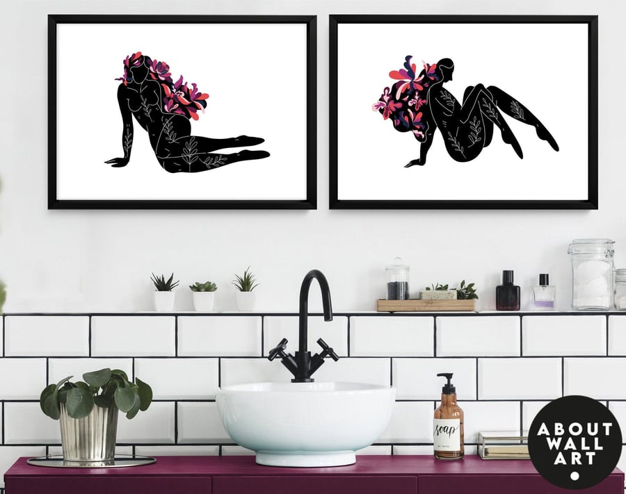 Self Care Gift, Home Decor Bathroom, Spa Bathroom Decor, Women Art Prints Set Of