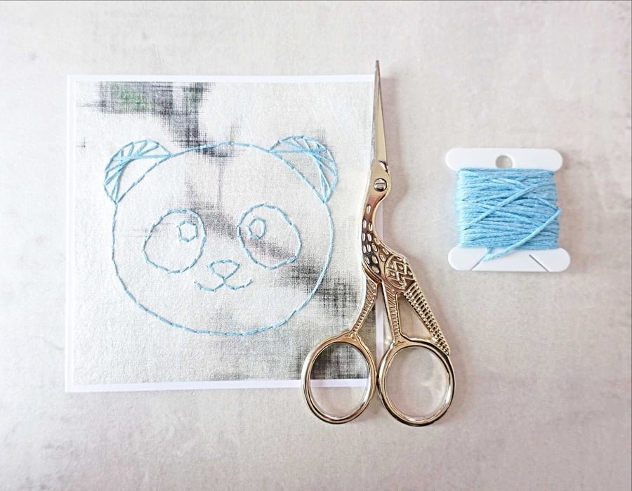 SALE Hand Stitched Blue Panda Card, New Born Card, Baby Girl Card