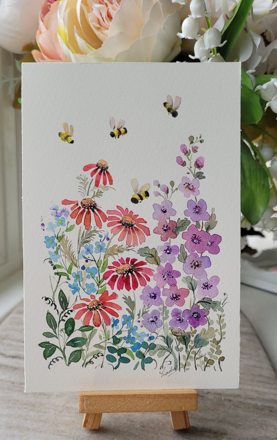 Original watercolor, summer garden flowers and bees, home decor art