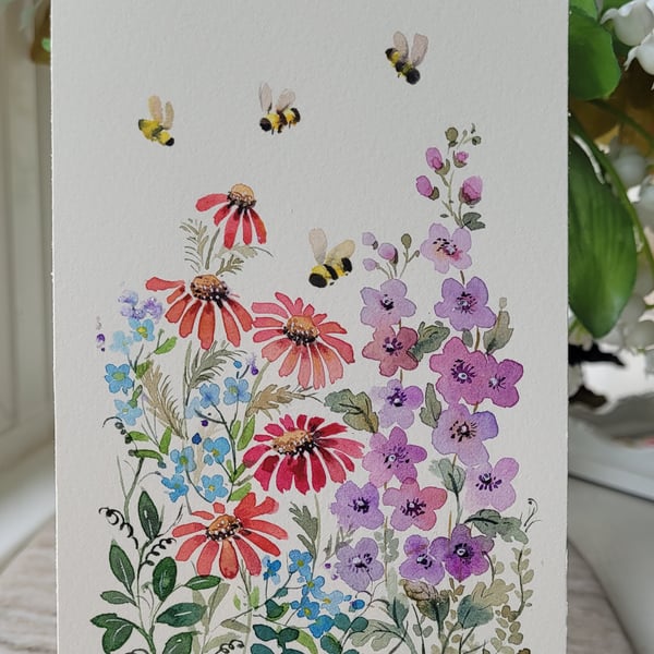 Original watercolor, summer garden flowers and bees, home decor art