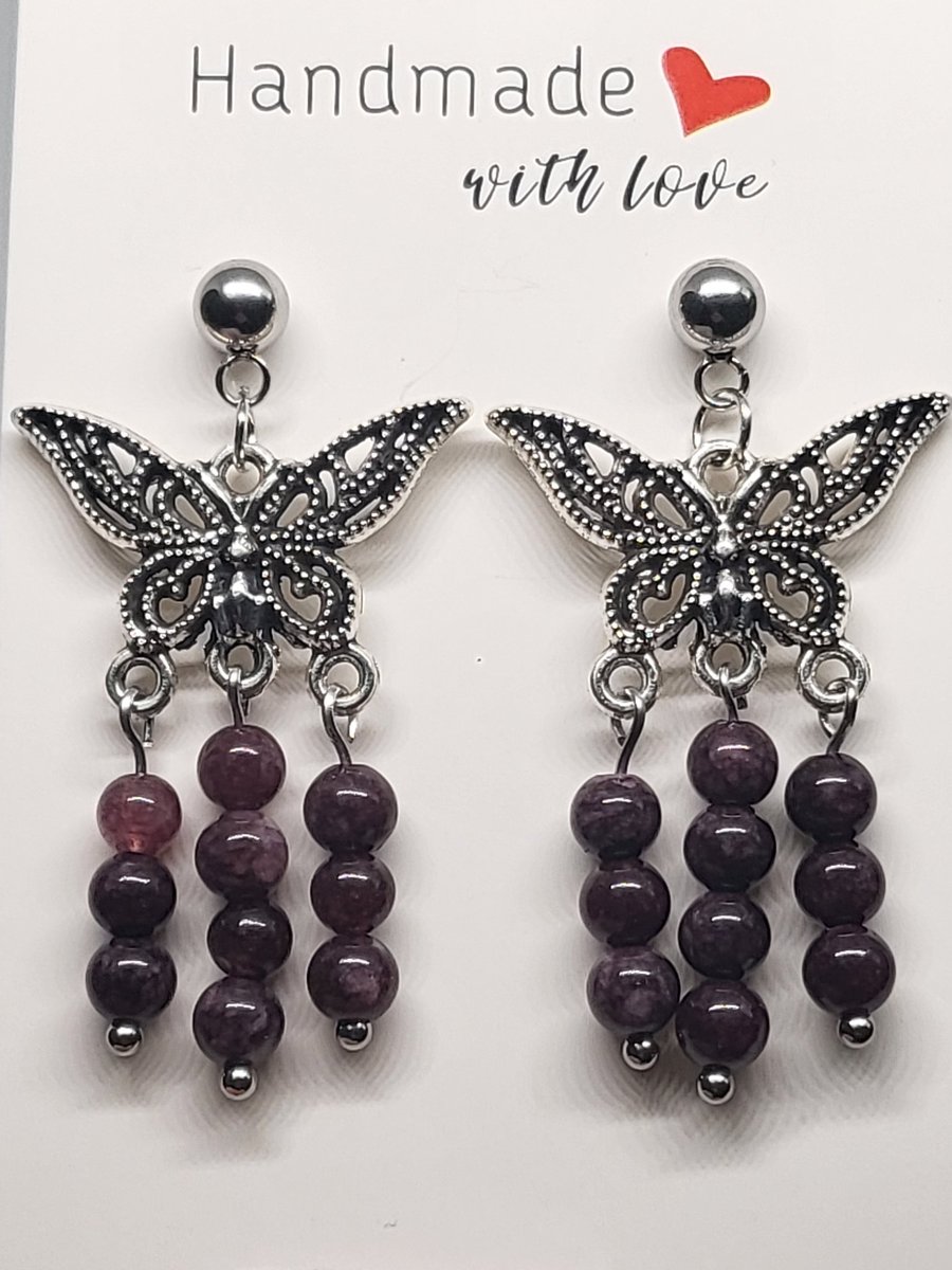 Purple Amethyst Butterfly Earrings Stainless Steel Studs Handmade