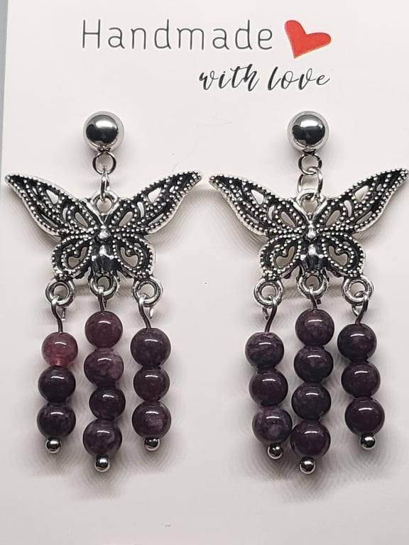 Purple Amethyst Butterfly Earrings Stainless Steel Studs Handmade