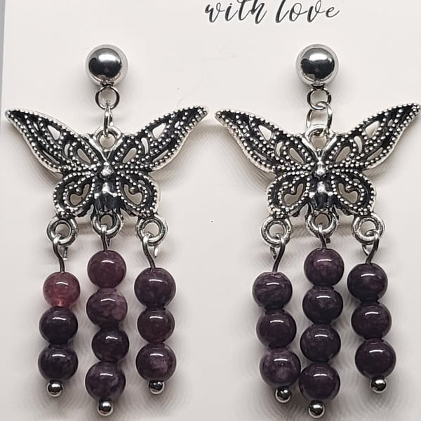 Purple Amethyst Butterfly Earrings Stainless Steel Studs Handmade