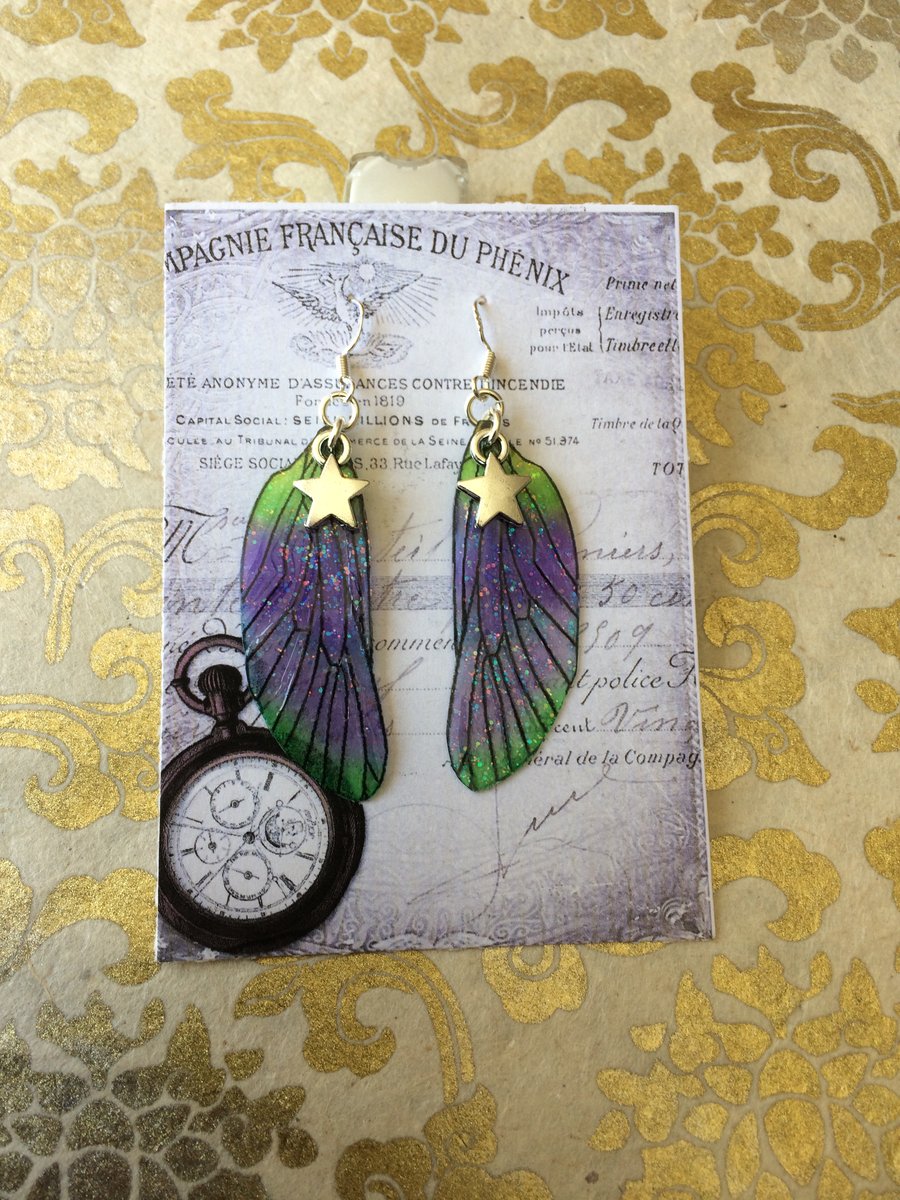 Purple and Green Star Glitter Fairy Wing Sterling Silver Earrings